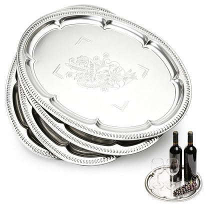 SINMANVI 4 Pack Large Silver Serving Trays Set 15.7" x 11.8", Floral Pattern Engraved Mirror Tray, Tableware Platters for Whiskey, Cookies,Snacks, Desserts, Party Food Display (Large)