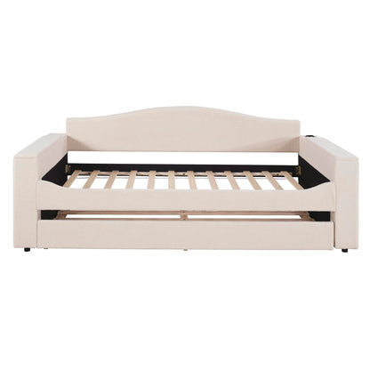 Twin Upholstered Daybed with Storage Armrests, Trundle and Latest Integrated Bluetooth Audio System