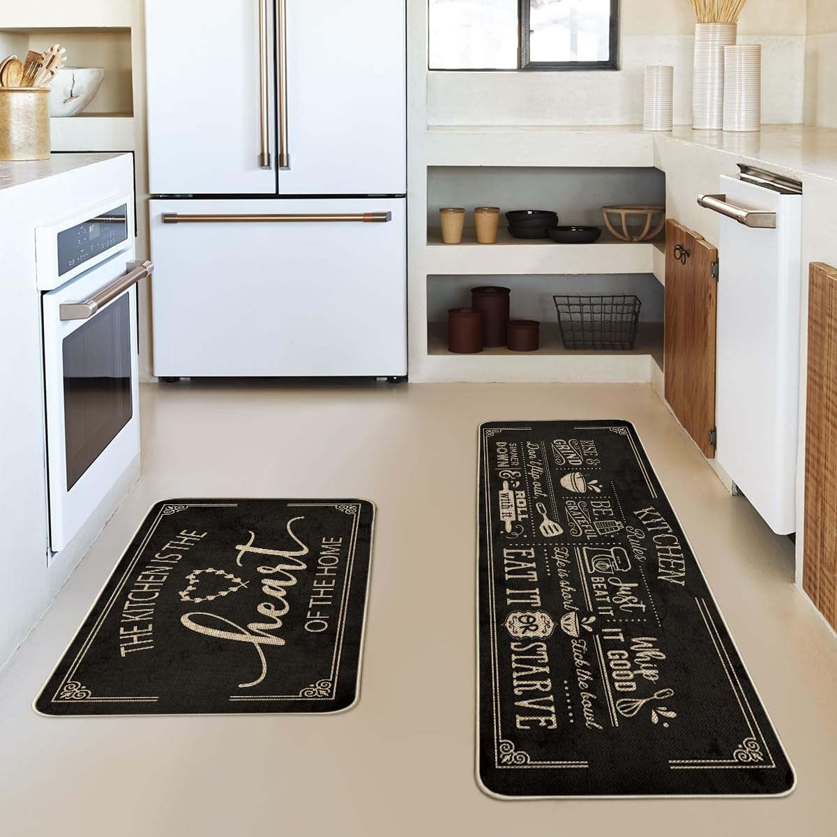 Artoid Mode Black Cooking Sets Kitchen Mats Set of 2, Seasonal The Kitchen is The Heart of The Home Holiday Party Low-Profile Floor Mat for Home Kitchen - 17x29 and 17x47 Inch