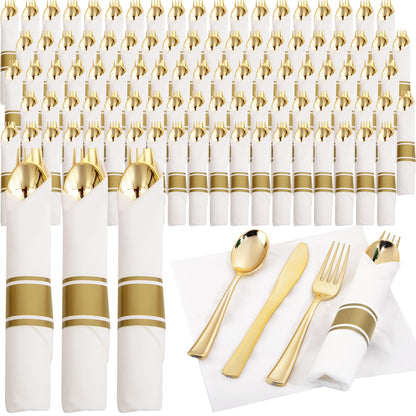 Supernal 120Pack Gold Plastic Silverware Wrapped Plastic Cutlery Set with Napkin,Pre Rolled Napkins with Cutlery Set,Rolled Silverware Disposable For Valentine's Day Mother's Day and Easter
