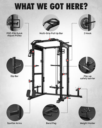 GOIMU RH01 Power Cage Rack, 2000LBS Squat Rack with with Cable Crossover System&LAT Pull Down System, Multi-Function Workout Cage for Home&Garage Gym (Black, RH01 Power Cage with 290LB C Weights)