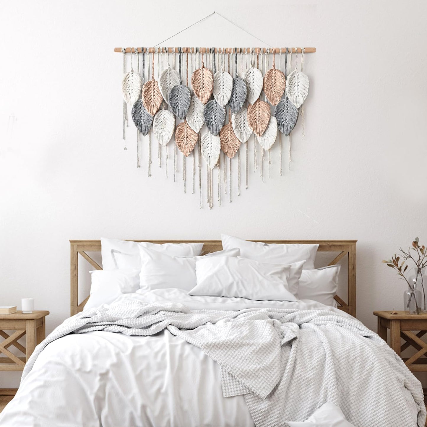 Alynsehom Large Macrame Wall Hanging, Boho Woven Tapestry, Chic Modern Bohemian Handmade Leaf Feather Wall Art Home Decor for Apartment Dorm Living Room Bedroom Nursery Backdrop (39" W X 29.5" L)