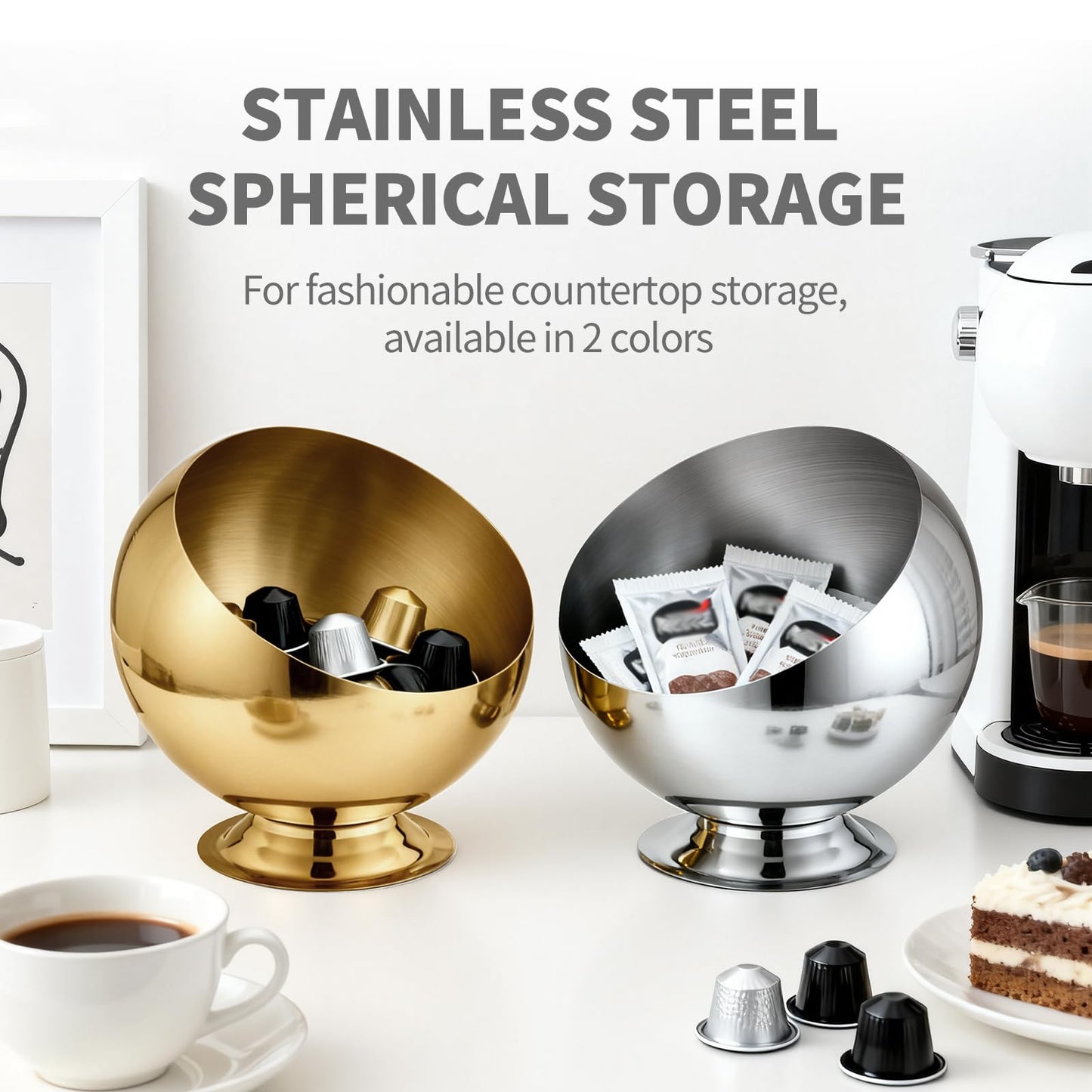 shoxil Coffee Pod Holder - Large Capacity Metal K Cup serve for Nespresso Pod Storage Container with Silver Finish, Multi-Use Creamer & Candy Bowl for Countertop, Coffee Bar Accessories(Silver)