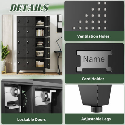 Lusiwry Metal Lockers for Employees-15 Doors Storage Locker with Shelves and Lockable Steel Cabinet for School,Gym,Office,Staff,Assembly Required,Black