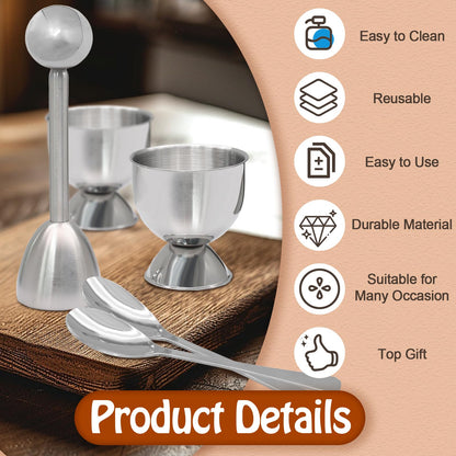 vibedor Egg Cups & Cracker Set of 5, 1 Stainless Steel Egg Topper Cutter - 2 Egg Holders for Soft Boiled Eggs - 2 Egg Spoons for Boiled Eggs