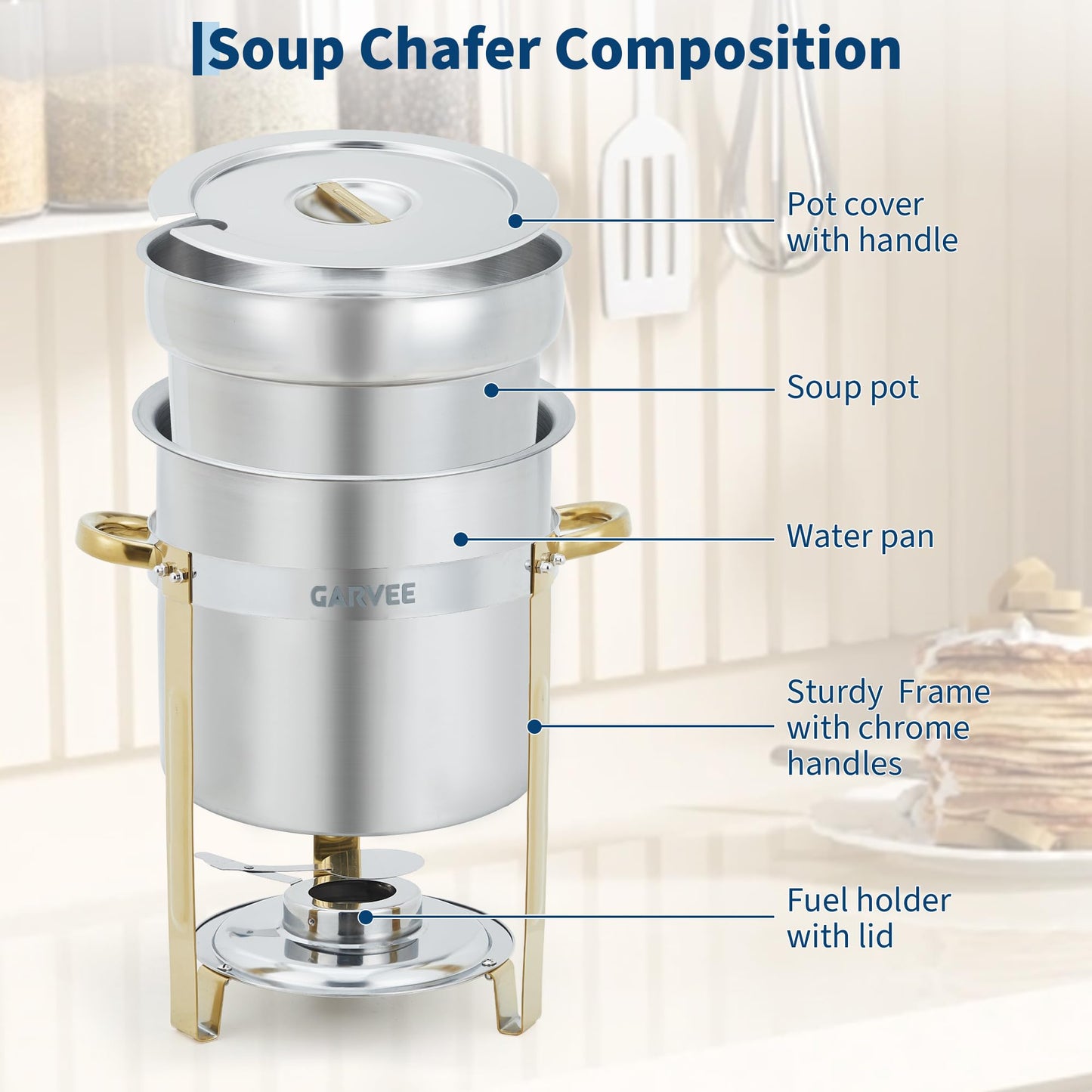GarveeHome 11QT Round Soup Chafer Sets of 4, Commercial Soup Warmer with Pot, Notched Lids & Fuel Holders, Stainless Steel Food Warmer for Buffets Parties Wedding Banquets Catering, Gold