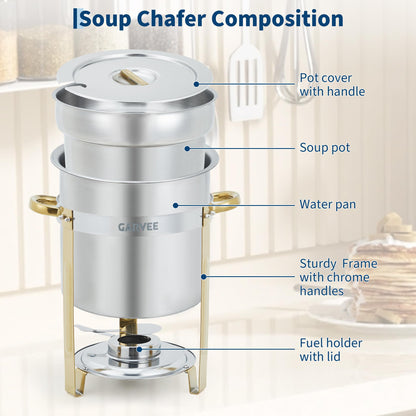GarveeHome 11QT Round Soup Chafer Sets of 4, Commercial Soup Warmer with Pot, Notched Lids & Fuel Holders, Stainless Steel Food Warmer for Buffets Parties Wedding Banquets Catering, Gold