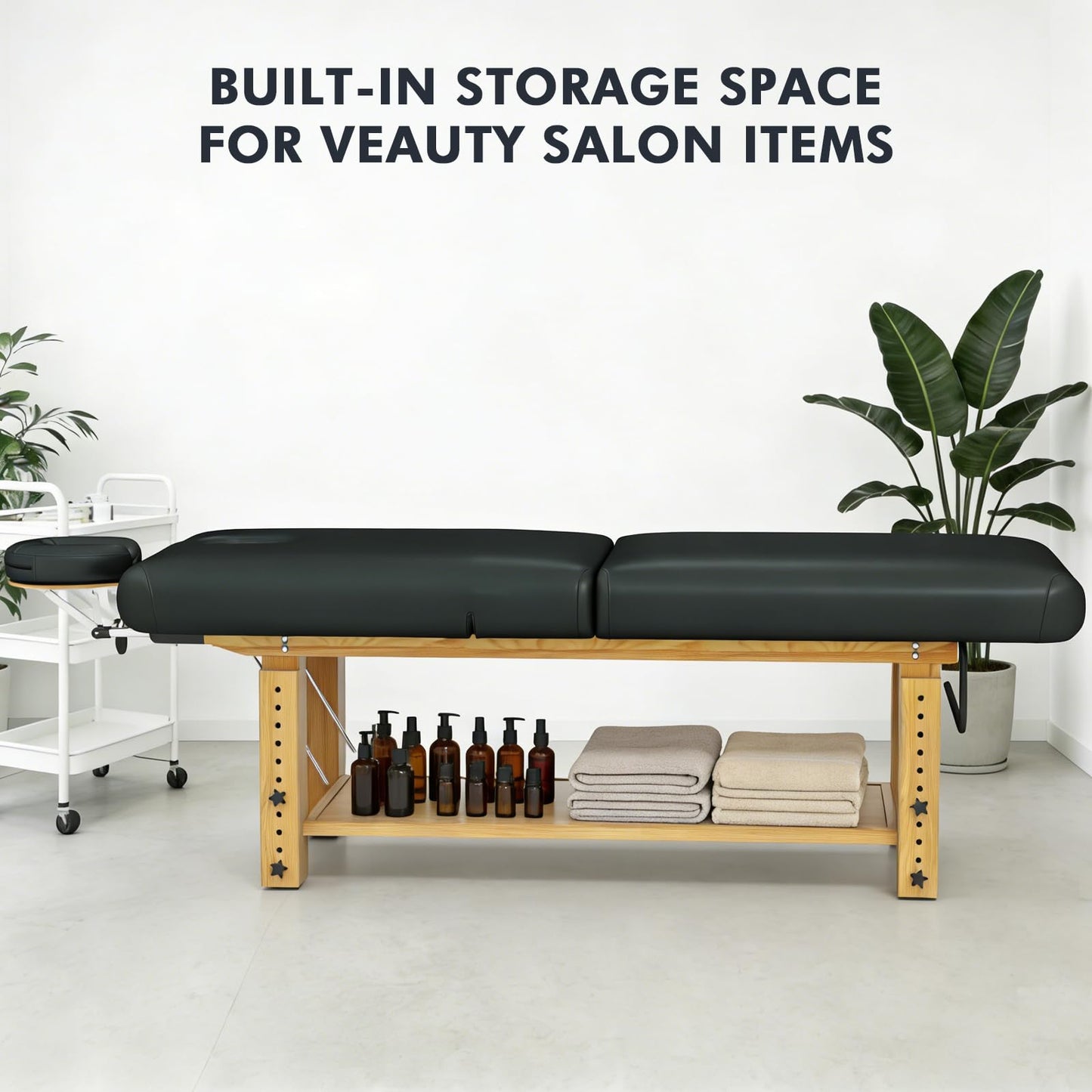 Heavy Duty Massage Table, Wooden Stationary Spa Bed with Adjustable Height & Backrest, PU Leather Professional Physical Therapy Facial Table with Face Pillow, Storage Shelf,1500 LBS Capacity
