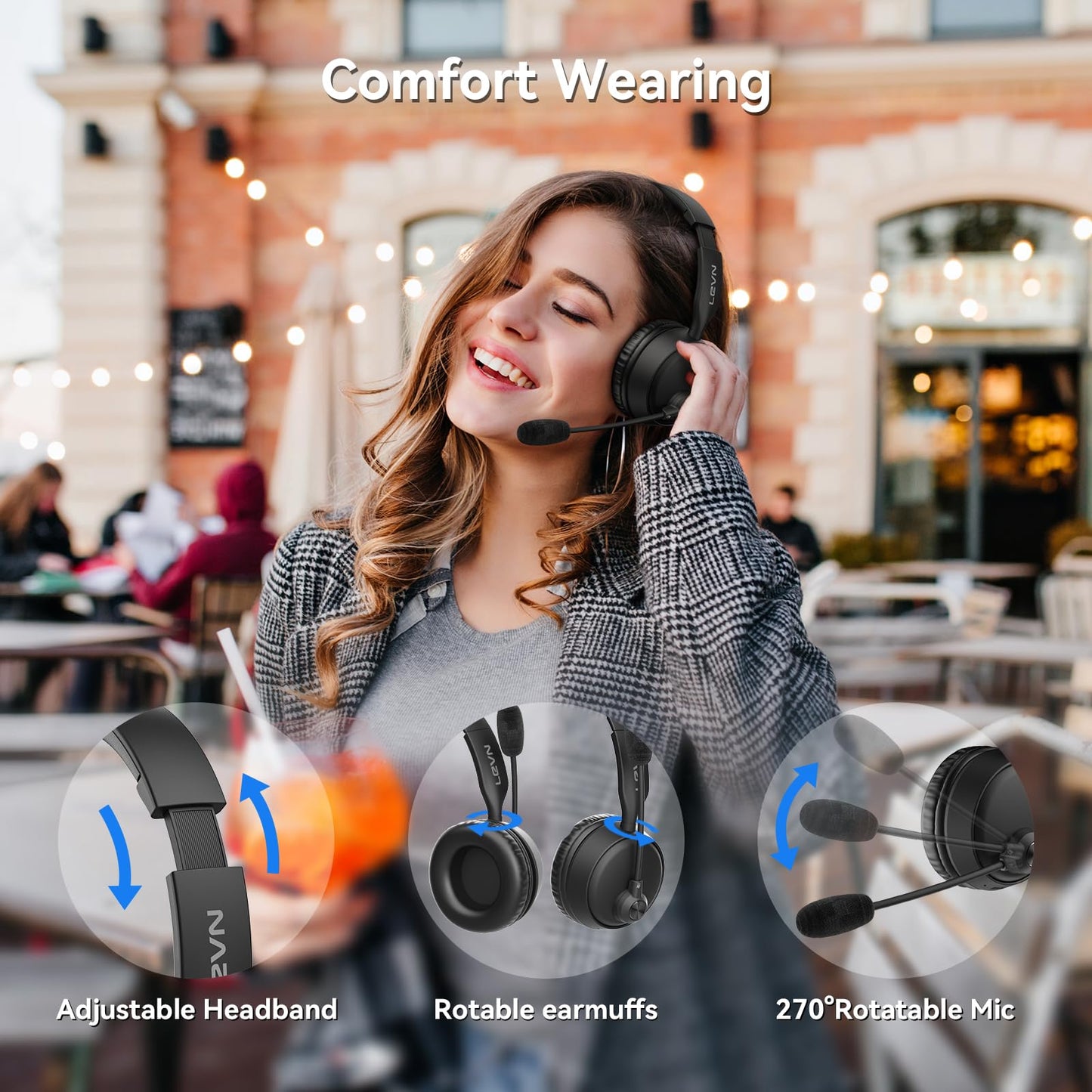 LEVN Bluetooth Headset with Microphone, Wireless Headset with Mic & Mute Button, 60 Hrs Working Time, Noise Cancelling Bluetooth Headphomes 5.3 Multipoint Connect to Cell Phone/Mobile/Laptop/Tablet/PC