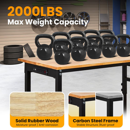 70" Adjustable Workbench with Power Outlet, 2000LBS Capacity Solid Rubber Wood Top & Thickened Steel Legs, 8-Levels Adjustable Heigh Work Table, Easy Assembly for Garage, Workshop, Home