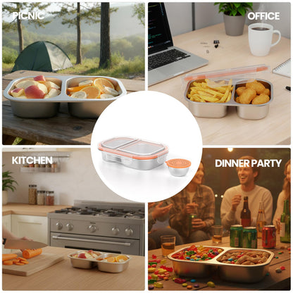 CODIEKEY Snackle Box Container,Dishwasher,Reusable Snack Containers With Lids,2 Compartment Stainless Steel Snack Containers,Fruits, Snacks,Nuts,Salad,travel,800ML,White&Orange,2 Pack
