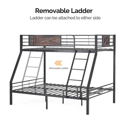 Bonnlo Metal Bunk Bed Twin Over Full with 2 Storage Drawers, Heavy Duty Twin Over Full Bunk Bed for Kids Teens Adults, 13.7-Inch Guardrail, Inclined Ladder, No Box Spring Needed, Black/Brown
