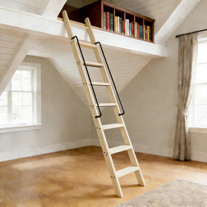 104RDHOUSE 96in Attic Rolling Library Ladder, 8 Step Wooden Ladder with,Loft Ladder Bookshelf,Wall Stairs Red Oak Stair Platform Bunkbed Ladder,for Home Kitchen,Warehouses,Bookstore,DIY Stain