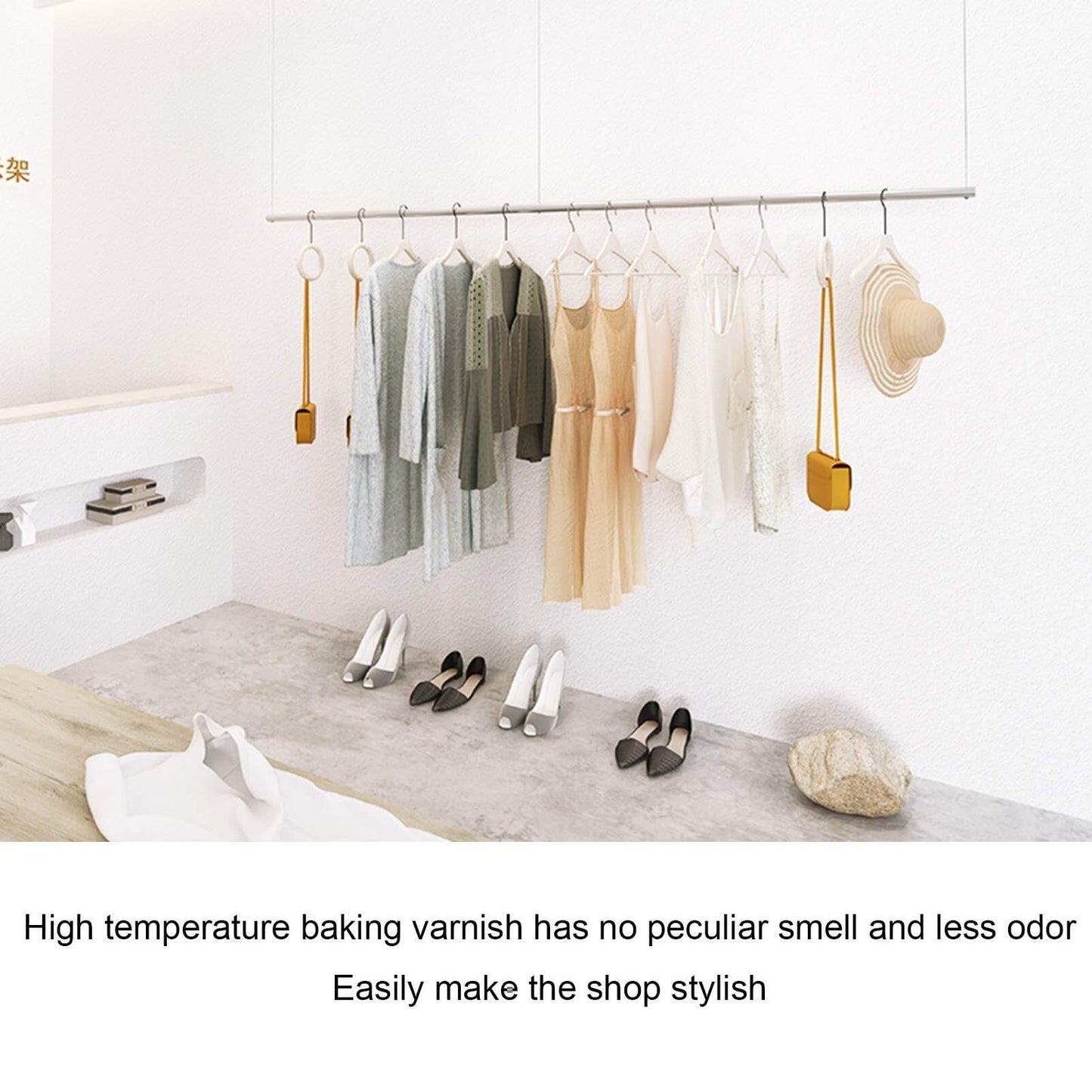 Height-Adjustable Metal Ceiling Clothing Rack, Commercial Display Storage Hanger, Retail Iron Garment Rack with Steel Wire, Ideal for Stores and Home Use(Silver,84cm)