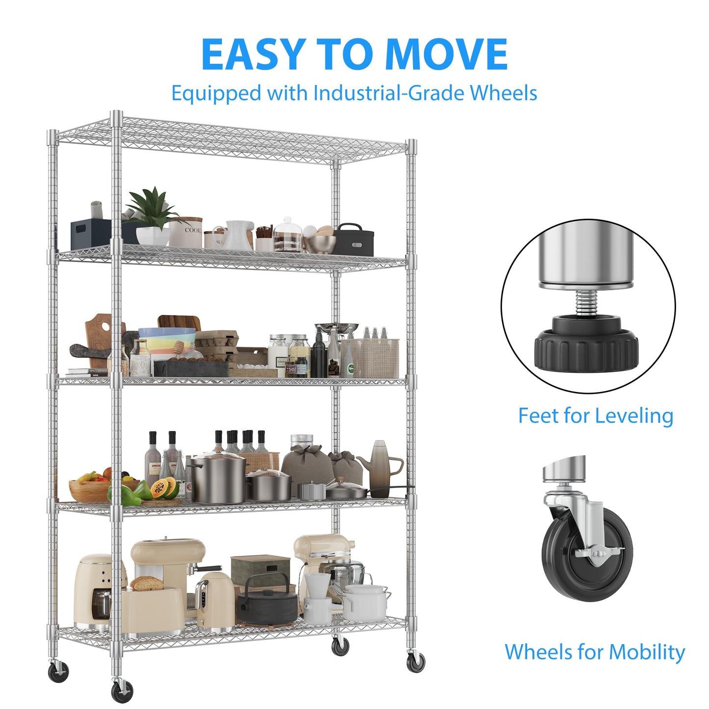 Homdox 5 Tier Storage Racks and Shelving, 24"x60"x82" Heavy Duty Metal Shelves for Storage, 3000LBS Commercial Adjustable Wire Shelving Unit on Wheels for Garage, Pantry, Kitchen, Warehouses, Chrome