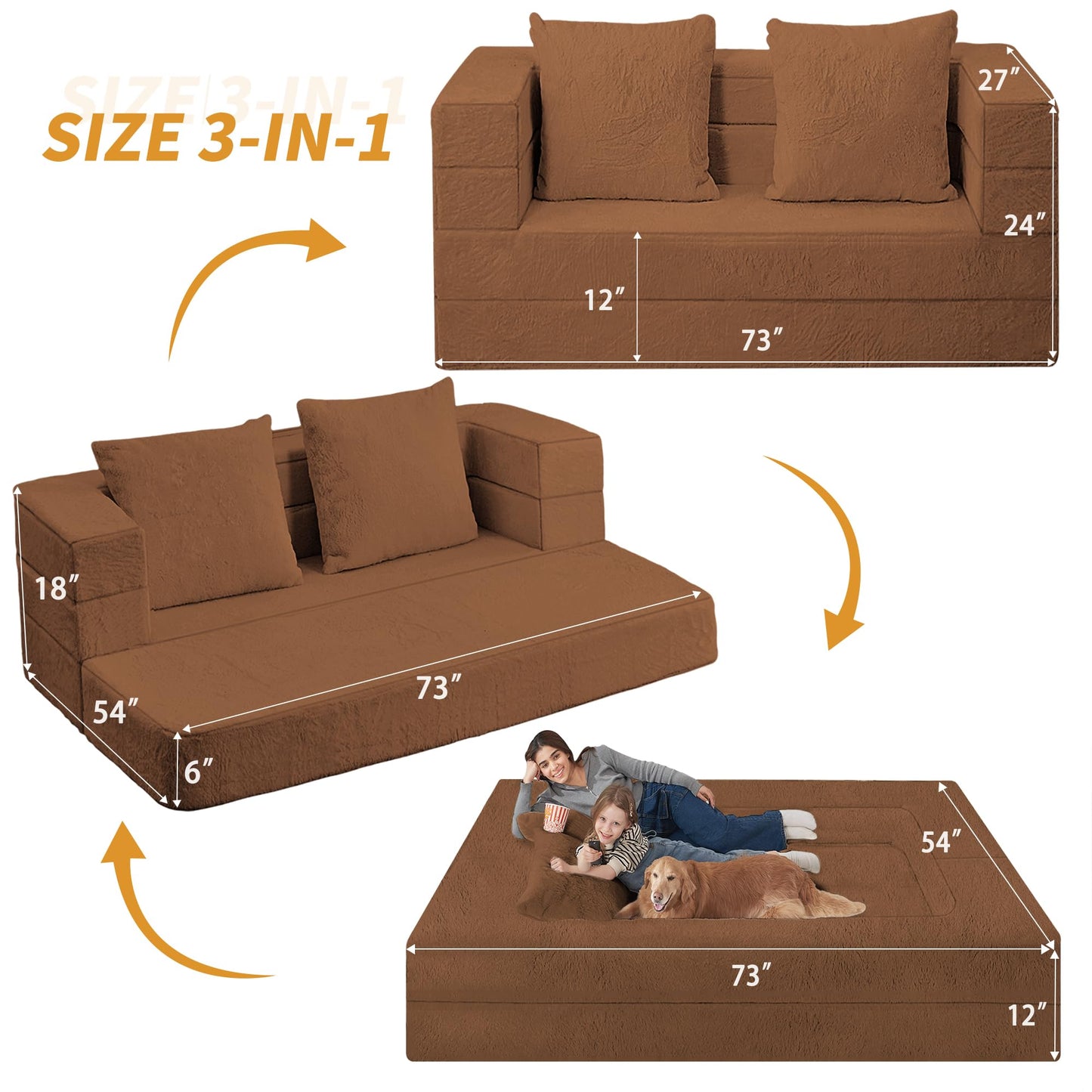 Cansunna Folding Bean Bag Chair for Adults,3-in-1 Bean Bag Couch Faux Fur Floor Sofa Large Beanbag Convertible Bean Bag Sofa Bed with Pillow in Bedroom,Living Room,Apartment(Queen,Caramel)