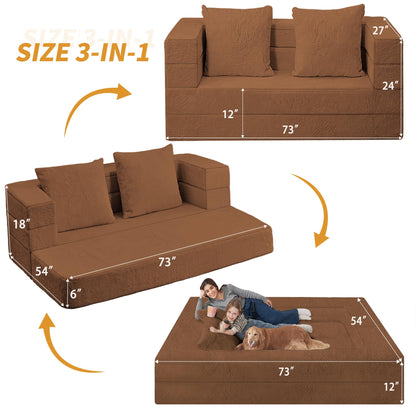 Cansunna Folding Bean Bag Chair for Adults,3-in-1 Bean Bag Couch Faux Fur Floor Sofa Large Beanbag Convertible Bean Bag Sofa Bed with Pillow in Bedroom,Living Room,Apartment(Queen,Caramel)