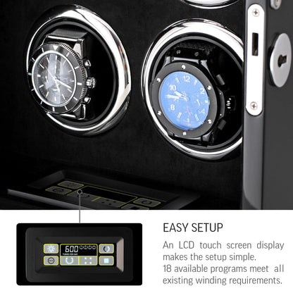 Watch Winder for 4 Watches with LED Backlight, LCD Display and Motor-Stop Option (Black & Black)