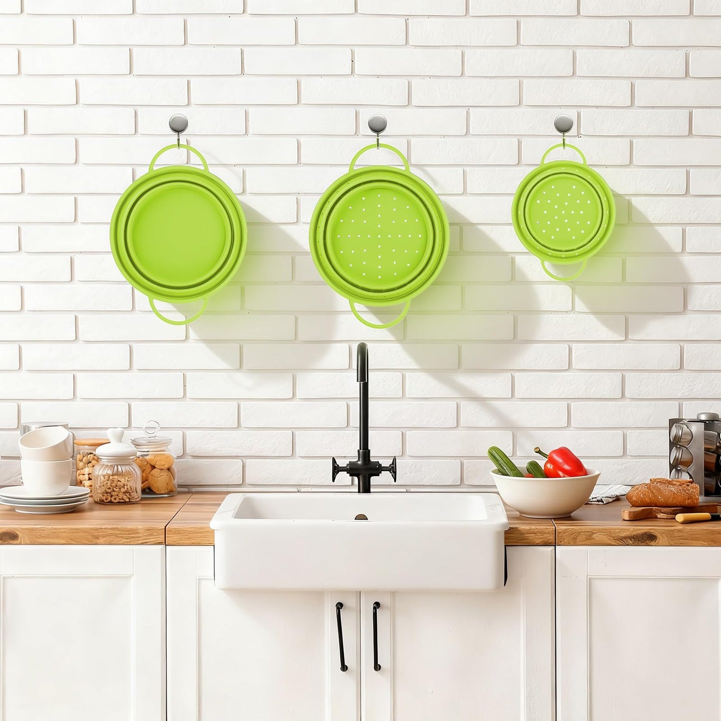 Afarnook 3 Pack Collapsible Colander with Strainer Bowl Set, 11 & 13 In BPA-Free Silicone Colanders for Kitchen, Heat-Resistant Strainer Dishwasher Safe Baskets for Vegetable Fruits (Green)