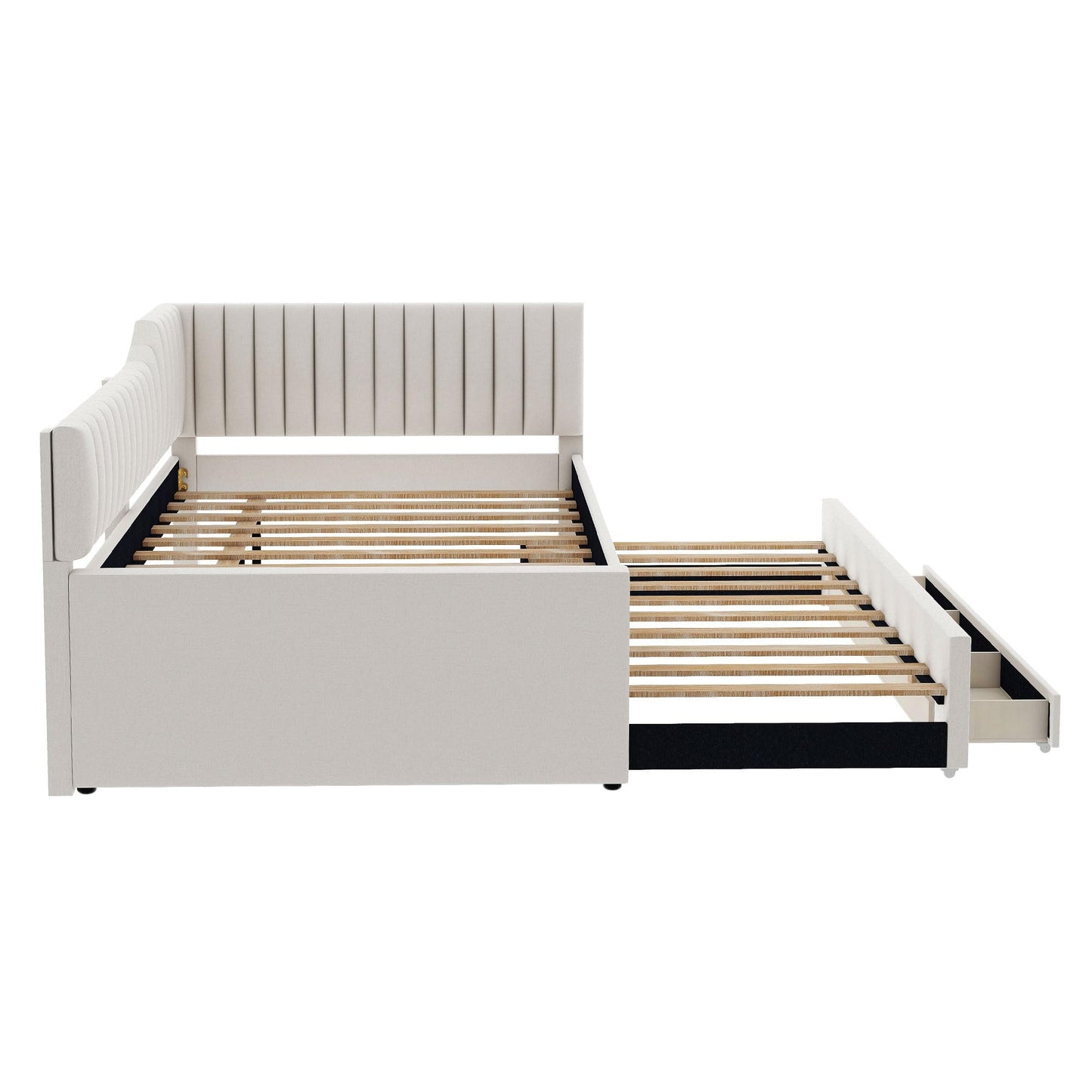 Merax Full Size Upholstered Wood Daybed Extendable Sofa Bed with Trundle and Three Storage Drawers for Living Room Guest Room, Beige