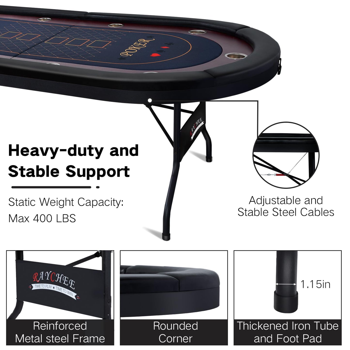 REAHOISY 10 Player Foldable Poker Table, 86" Large Professional Folding Texas Holdem Poker Card Table, Portable Casino Table for Game Room with Padded Rails & Cup Holders