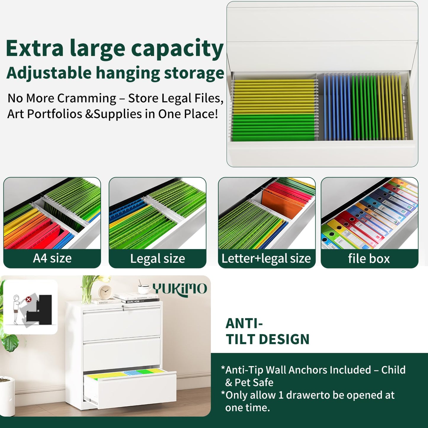 3 Drawer Lateral File Cabinet with Lock, Metal File Cabinets for Home Office, Office Furniture for Organization Hanging Legal/Letter/A4, Metal Filing Cabinet Storage Cabinet, Require Assembly, White
