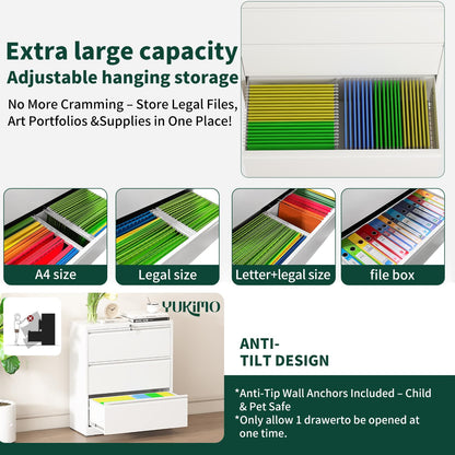 3 Drawer Lateral File Cabinet with Lock, Metal File Cabinets for Home Office, Office Furniture for Organization Hanging Legal/Letter/A4, Metal Filing Cabinet Storage Cabinet, Require Assembly, White