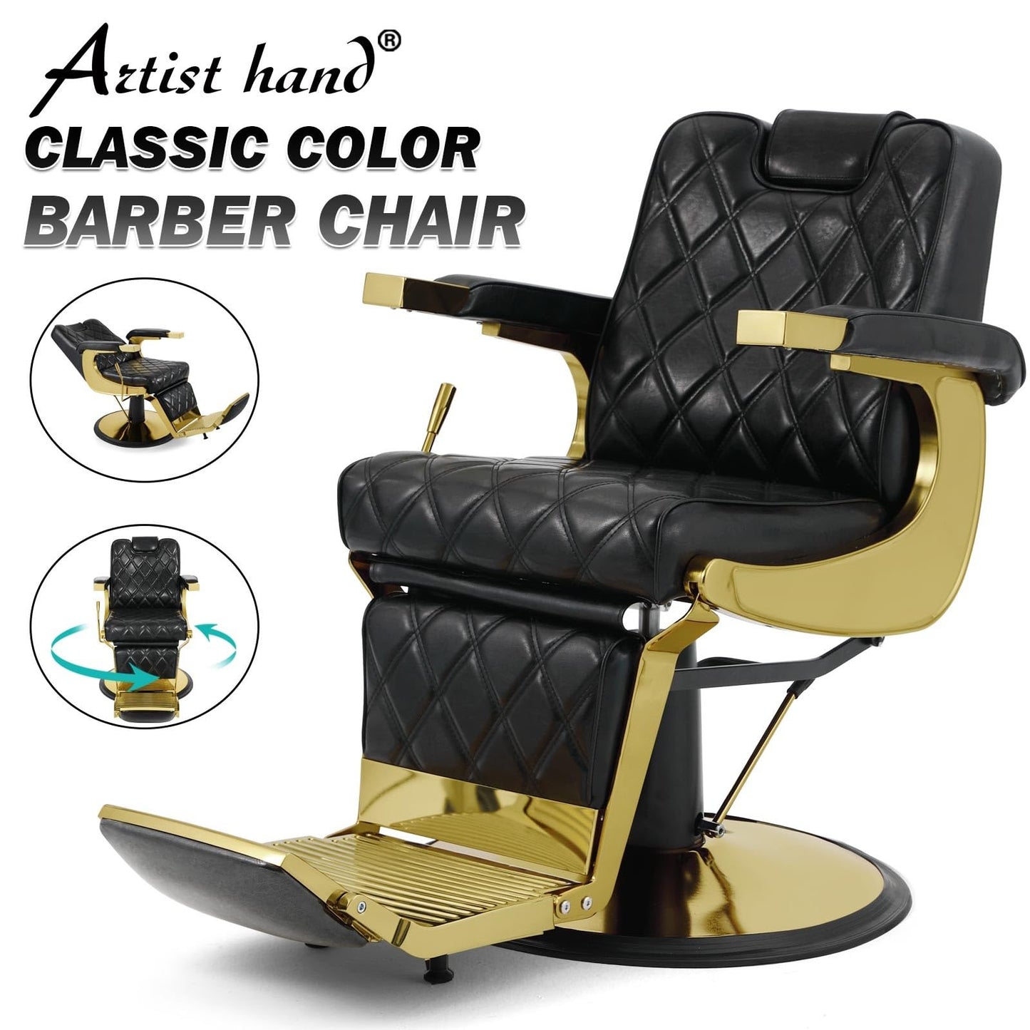 Artist hand All Purpose Barber Chair Wide Backrest Reclining Salon Chair for Hair Stylist Tattoo Chair Makeup Chair for Salon Equipment (Gold)
