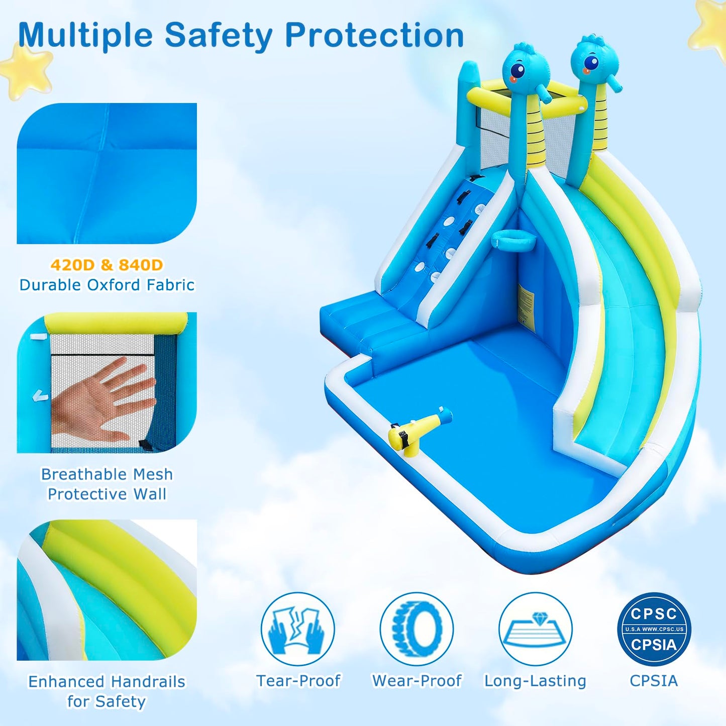 Seahorse Inflatable Water Slide for Kids Backyard | 5-in-1 Blow Up Splash Park with Climbing Wall, WaterSlide, Water Cannon, Basketball Hoop & 480W Blower| Indoor/Outdoor Toys for Ages 3+