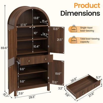 Apicizon 70" Tall Arched Kitchen Pantry Cabinet, 6-Tier Modern Fluted Wood Storage Cabinet with Doors Drawer & Adjustable Shelves, Farmhouse Cupboard Organizer for Dining Room, Bathroom, Walnut