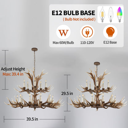 Fayelight Antler Chandelier Lighting,Large 2-Tier Deer Rustic Farmhouse Chandelier Light Fixtures for Dining Room Living Room Kitchen Island Bedroom Entryway Foyer (10+5 Lamp Arms + 3 Arms)