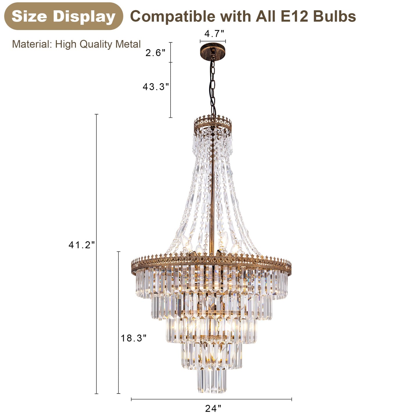 TOCHIC French Empire Crystal Chandelier Modern Farmhouse Chandeliers Ceiling Light for Foyer Entryway High Ceiling Vintage Antique Bronze Chandelier Light Fixture for Dining Living Room 24" D