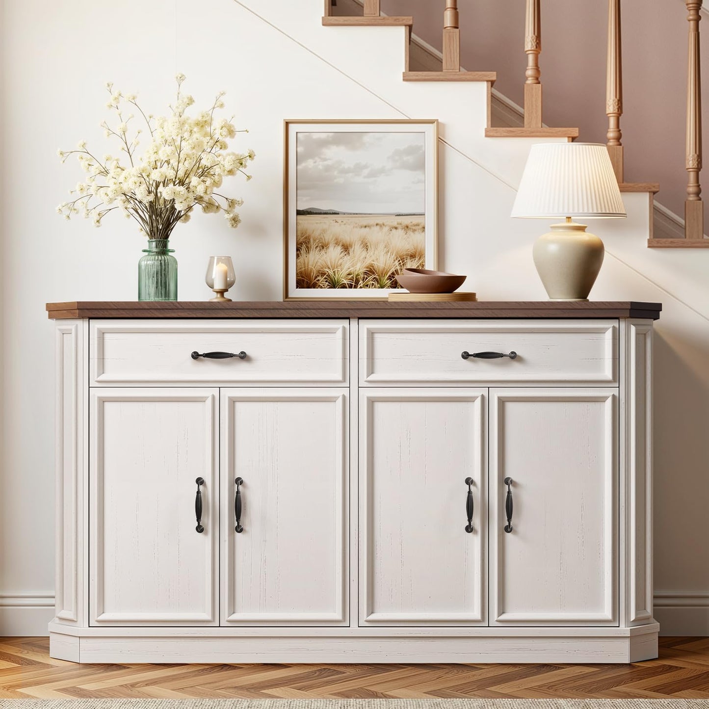 ONBRILL 55" Sideboard Buffet Cabinet with 2 Storage Drawers & 4 Doors, Modern Kitchen Sideboards and Buffets with Adjustable Shelves, Wood Coffee Bar Cabinet for Living Room, Entryway, Off-White