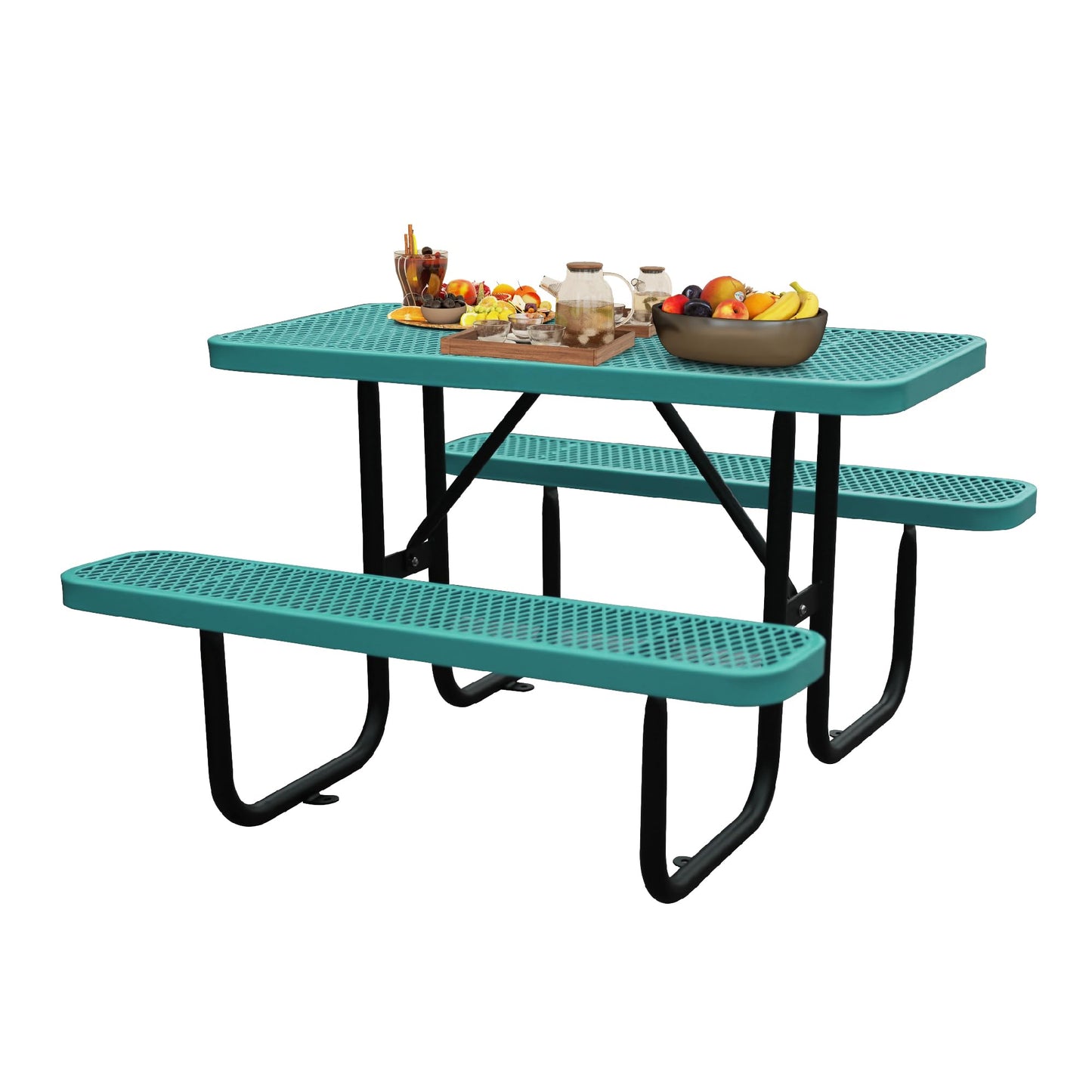 4FT Metal Picnic Tables for Outdoors, Commercial Rectangular Picnic Table and Bench Set for Outside, Patio, Garden, Backyard, Porch, Surface Mount, Green