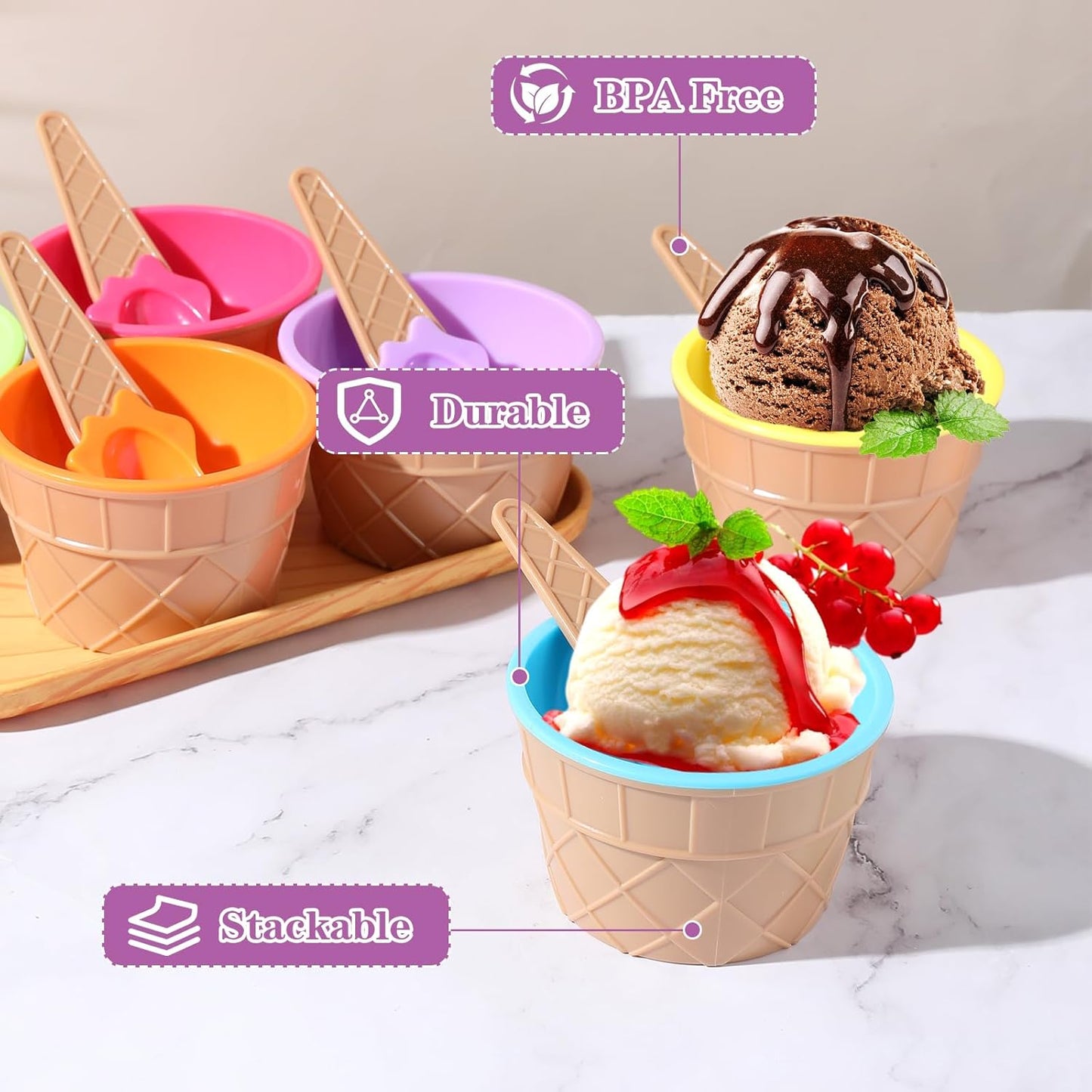 Direct Ice Cream Cups with Spoons, Large Plastic Dish with Spoon, Dessert Sundae Frozen Yogurt Bowls Set of 24