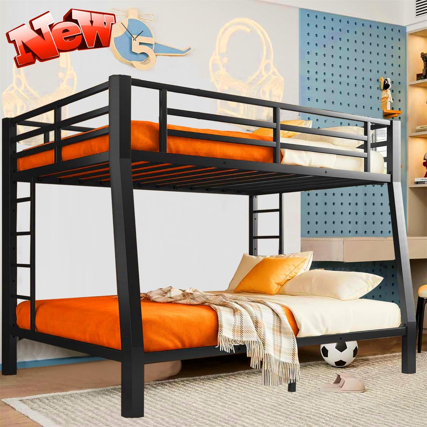 LEEKOUS Upgraded Version Heavy Duty Metal Full XL Over Queen Bunk Bed, Thicken Stronger Steel Full Over Queen Bunk Bed, Queen Size Bunkbed Frame for Adults, Easy Assembly, Black (Full XL Over Queen)