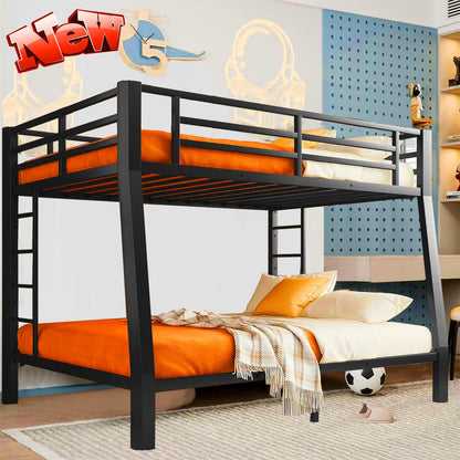 LEEKOUS Upgraded Version Heavy Duty Metal Full XL Over Queen Bunk Bed, Thicken Stronger Steel Full Over Queen Bunk Bed, Queen Size Bunkbed Frame for Adults, Easy Assembly, Black (Full XL Over Queen)