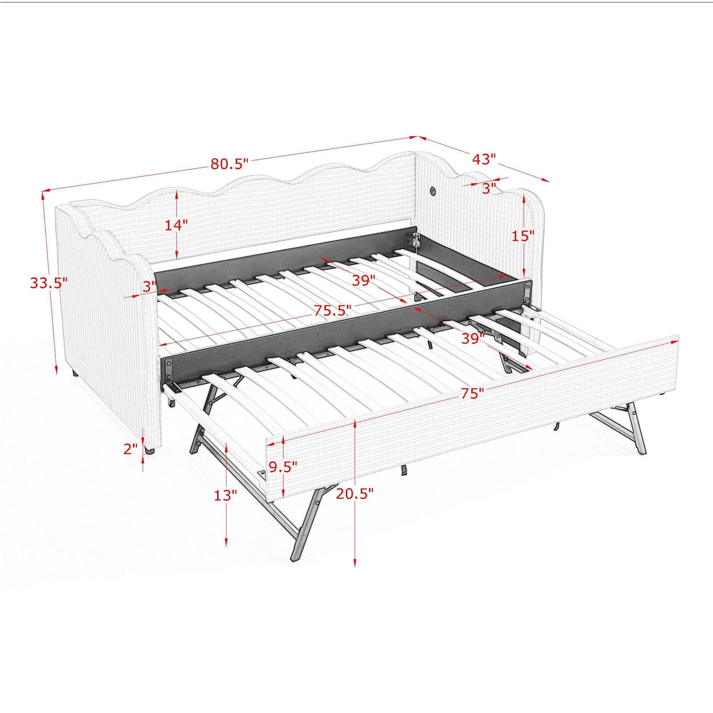 PVWIIK Twin Size Upholstered DayBed with Trundle and USB for Adult,Kids,Bedroom,BedFrame w/Linen Adorable Wave Shaped, Black