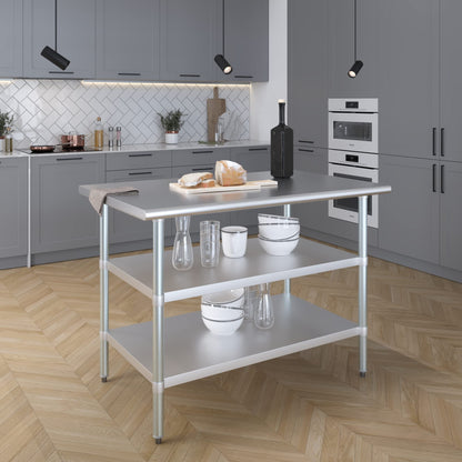 Stainless Steel Work Table with 2 Shelves | Metal Utility Table | Commercial & Residential NSF Utility (Stainless Steel Table with 2 Shelves, 48" Long x 30" Deep)