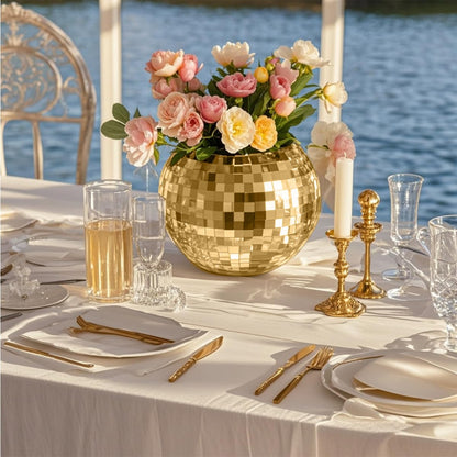 Disco Ball Vase Gold Mosaic Glass Mirror Ball Planter Disco Ball Planter for Centerpieces Disco Ball Decor Flower Vase with Silver Mirror Glass for Wedding Party Birthday, Disco Decor (5" X 6")