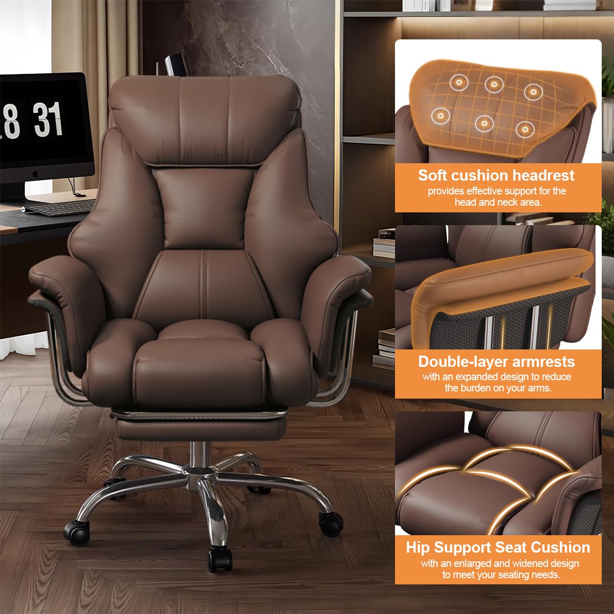 SJZNOI Big and Tall Office Chair Wide Seat Ergonomic Leather Executive Desk Chair with Leg Rest, Heavy-Duty 550 lbs Adjustable Height Computer Gaming Chairs
