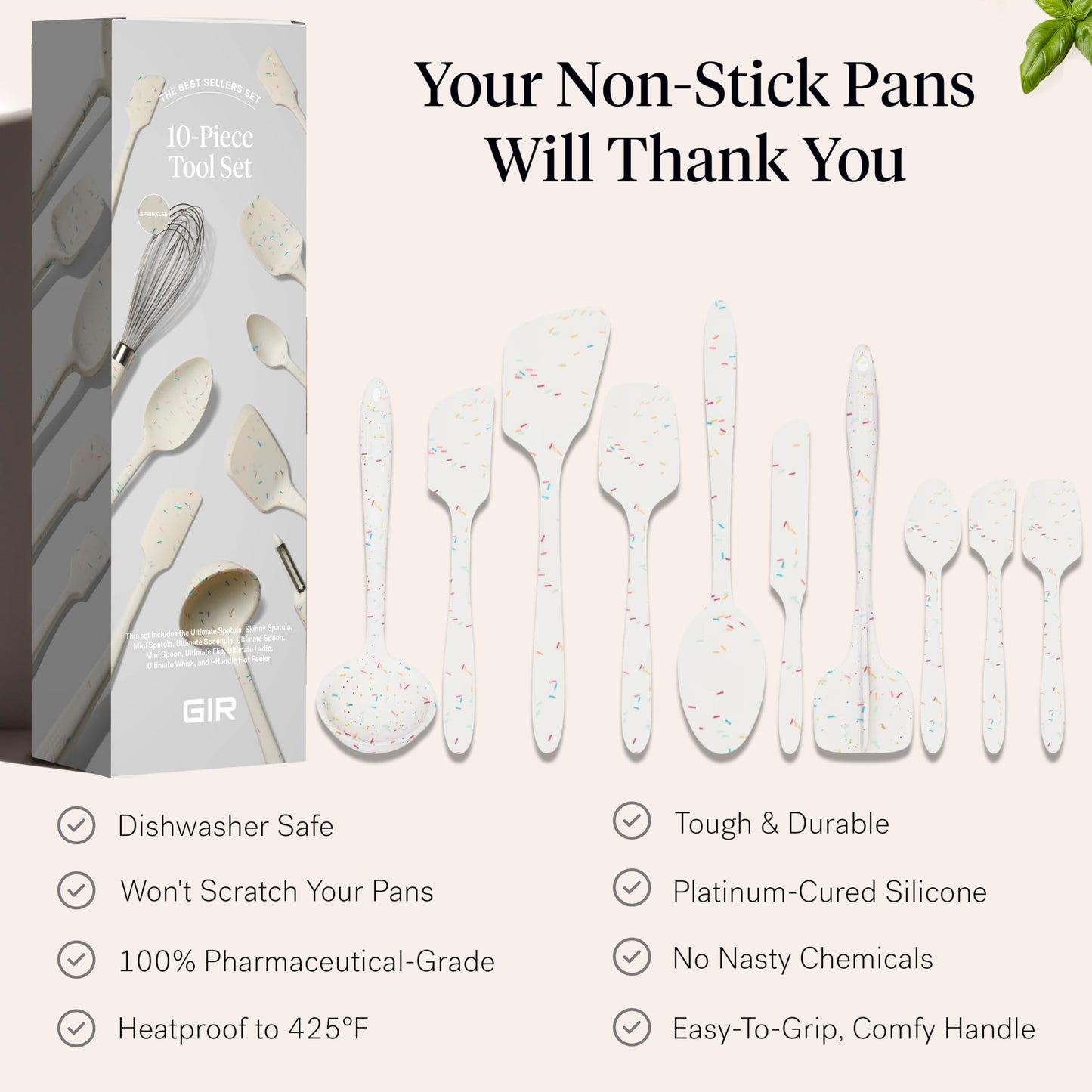 GIR: Get It Right 10-Piece Silicone Ultimate Kitchen Utensil Set – Spatulas, Ladle, Flip, Spoons, Whisk, Peeler & Spoonula – Nonstick, Non-Toxic, Heat-Resistant – Sprinkles