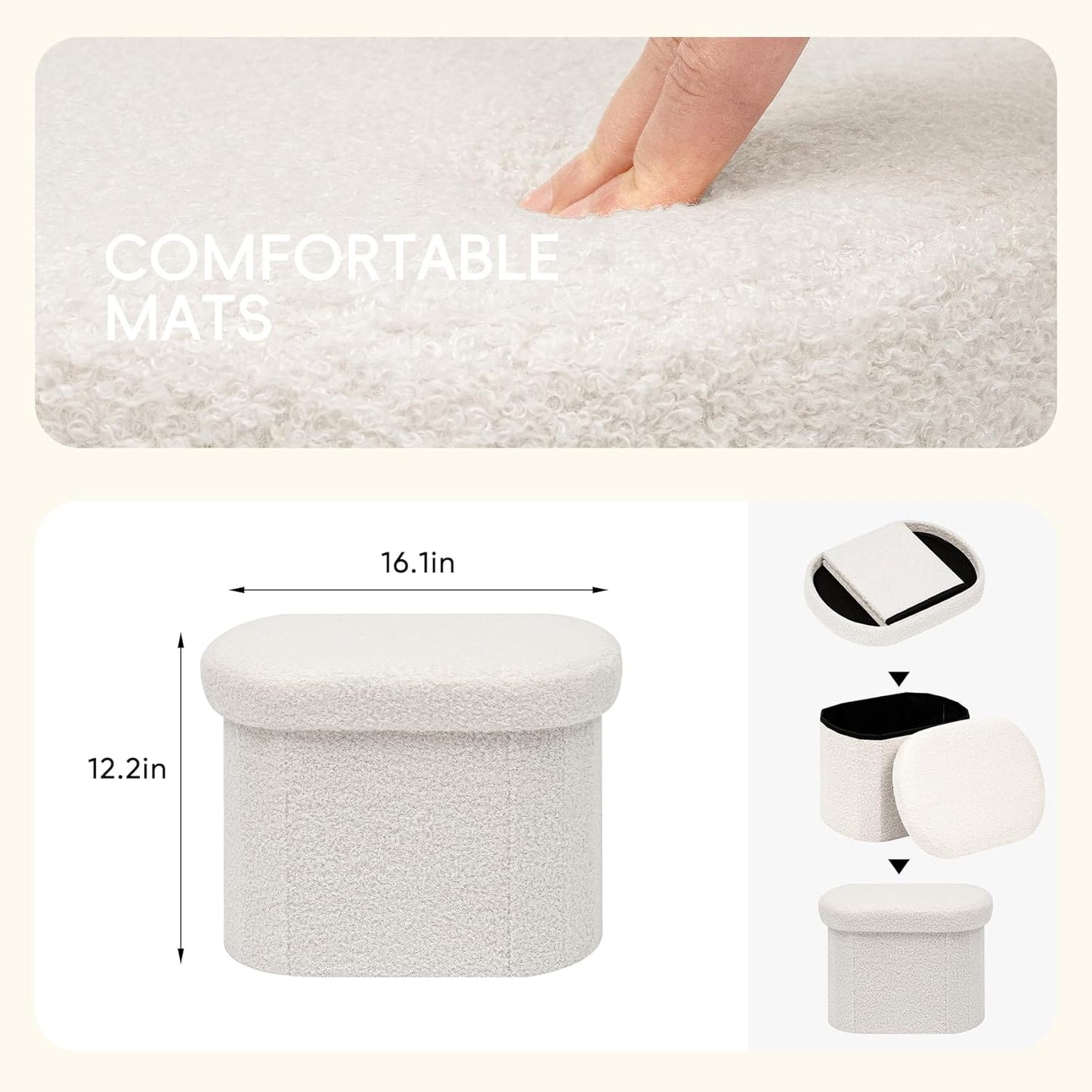 16.1"x12.2"x12.2" PINPLUS Storage Ottoman Boulce Tufted Oval Small Ottomans Bench Foot Rest with Storage, (White)