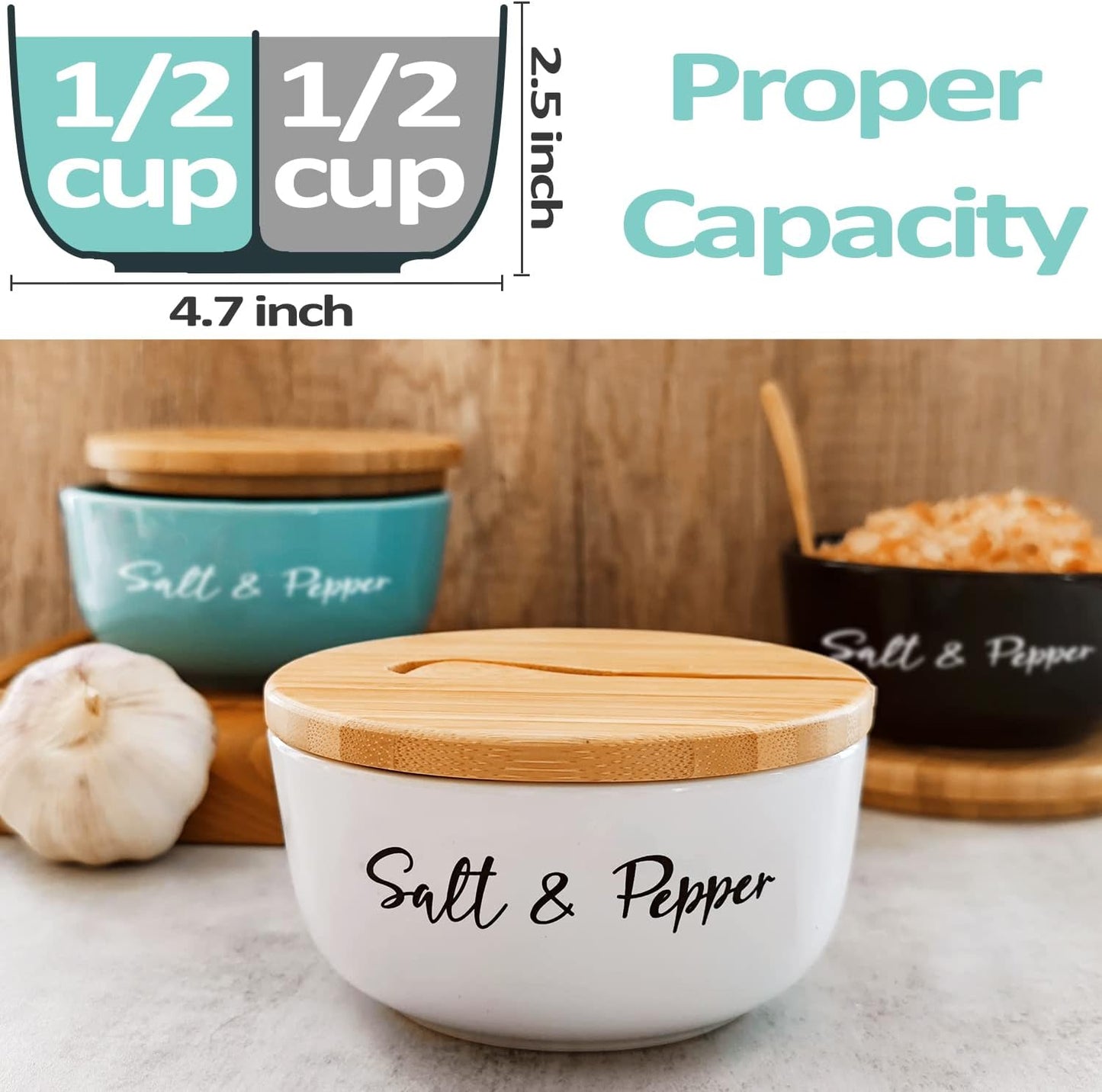 Ceramic Salt and Pepper Bowls with Bamboo Lid, Farmhouse Salt Box Holder Set for Countertop Modern Kitchen Decor