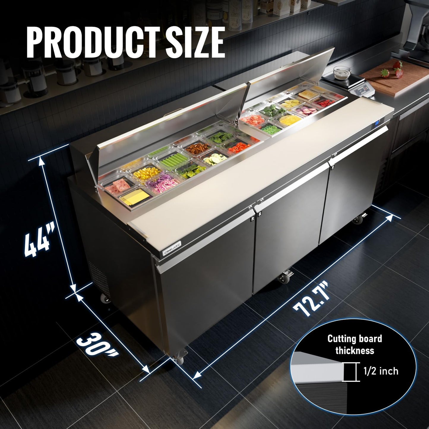 Coolake 72.7'' W 3 Door Commercial Refrigerator Sandwich Salad Prep Table, 22 Cu.ft Stainless Steel Counter Fan Cooling Refrigerator with 18 GN 1/6 Pans for Restaurant Bar Food Truck, NSF, ETL, DOE