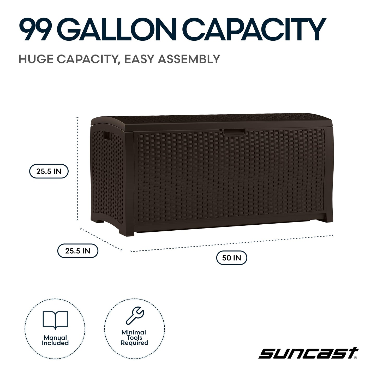 Suncast DBW9200 99 Gallon Outdoor Wicker resin Patio Storage Chest Bin with Handles for Patio, Garden, Garage, or Pool for All Weather, Mocha