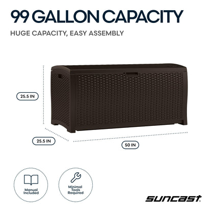 Suncast DBW9200 99 Gallon Outdoor Wicker resin Patio Storage Chest Bin with Handles for Patio, Garden, Garage, or Pool for All Weather, Mocha