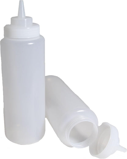 Set of 3, 32 Oz. Large Clear Squeeze Bottle, Open-tip, Wide Screw-on Spout, Durable Polyethylene Plastic