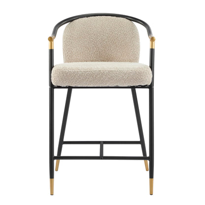 Christopher Knight Home Set of 2 Varus 26" H Iron Frame Counter Stool, Dining Room/Kitchen Island Barstool with Footrest/Backrest, Boucle Upholstered Accent Chairs for Kitchen Counter, Almond+Black