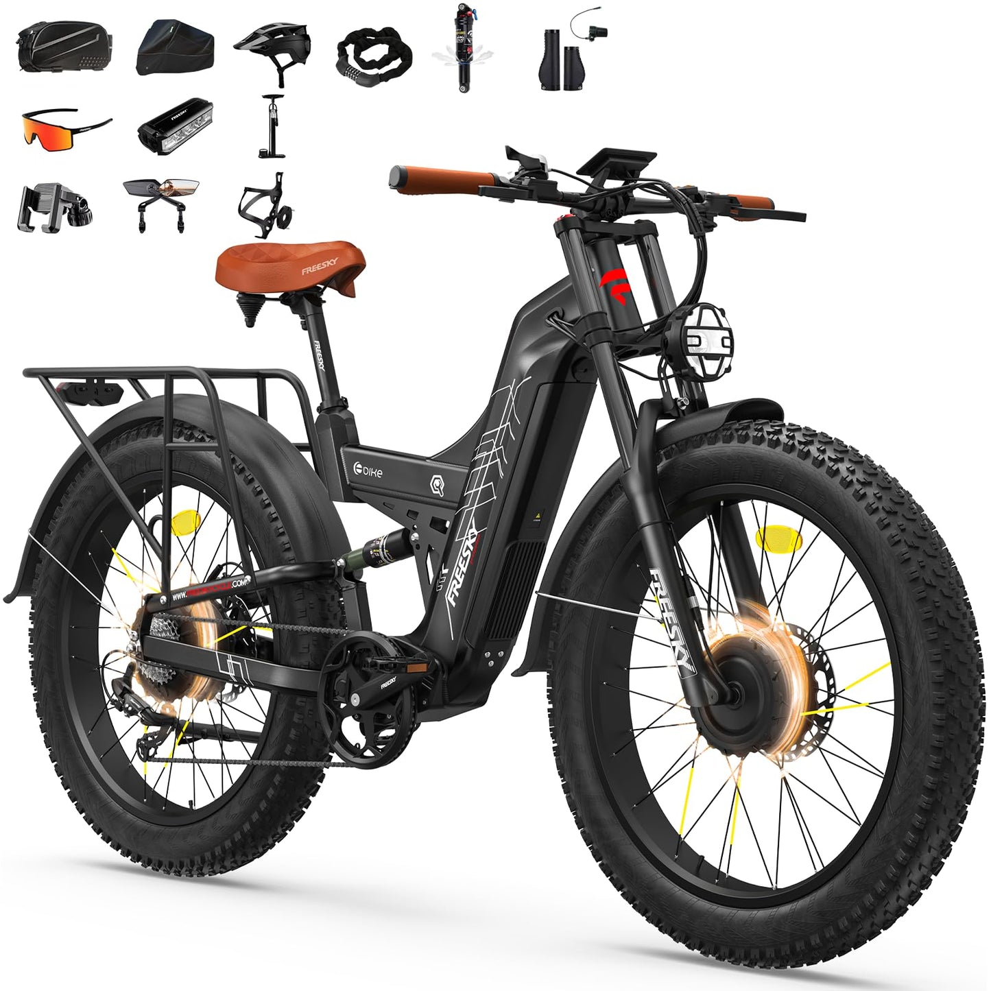 FREESKY 4000W Dual Motor Electric Bike for Adults, 48V 30AH Battery 120Miles Range, 40+MPH AWD Fast E-Bike, 26" Fat Tire Full Suspension Off-Road Mountain E Bike, Black, with Cycling Kits